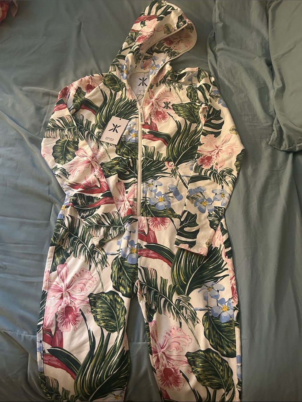 Onepiece Tropical Floral Hooded Zip Romper - White/Green/Pink/Blue